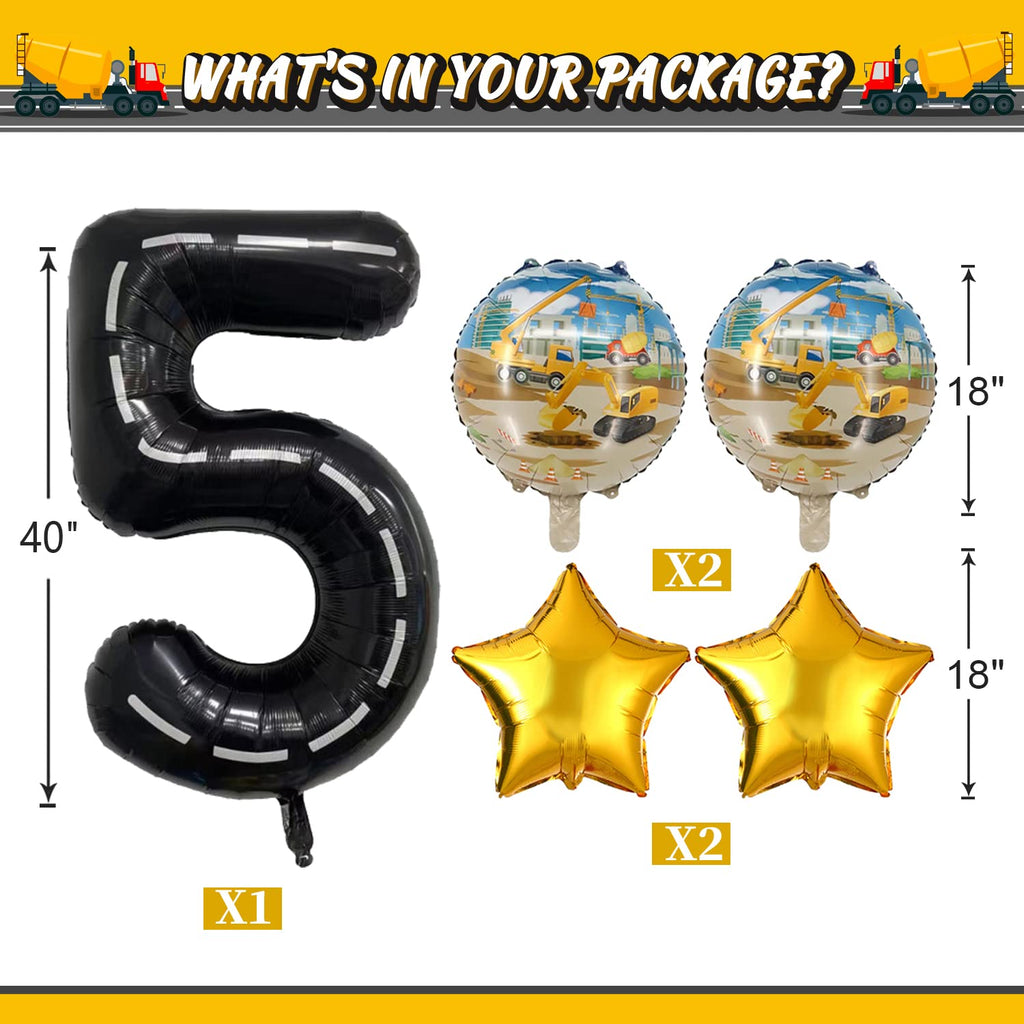 DUNSEO Construction Truck Balloons Set for 5th Birthday - 9 Foil Balloons Including Excavator, Forklift, Crane, Cement Truck, Gold Stars & Number 5