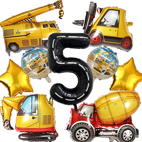 DUNSEO Construction Truck Balloons Set for 5th Birthday - 9 Foil Balloons Including Excavator, Forklift, Crane, Cement Truck, Gold Stars & Number 5