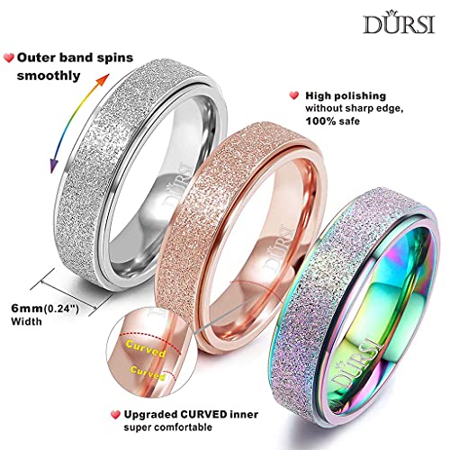 DURSI 3-Piece Stainless Steel Spinner Ring Set – Silver, Rose Gold & Rainbow Fidget Rings for Anxiety (6mm/8mm)