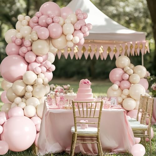 Dusty Pink Balloon Arch Kit 124 Pieces - CROSSFINGERS Boho Pink White Balloon Garland for Baby Shower Birthday Wedding