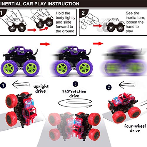 Duyfioa 4-Pack Monster Trucks for Toddlers – Friction Powered Pull Back Cars with 360° Rotation, No Batteries Needed, Ages 3-8