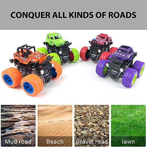 Duyfioa 4-Pack Monster Trucks for Toddlers – Friction Powered Pull Back Cars with 360° Rotation, No Batteries Needed, Ages 3-8