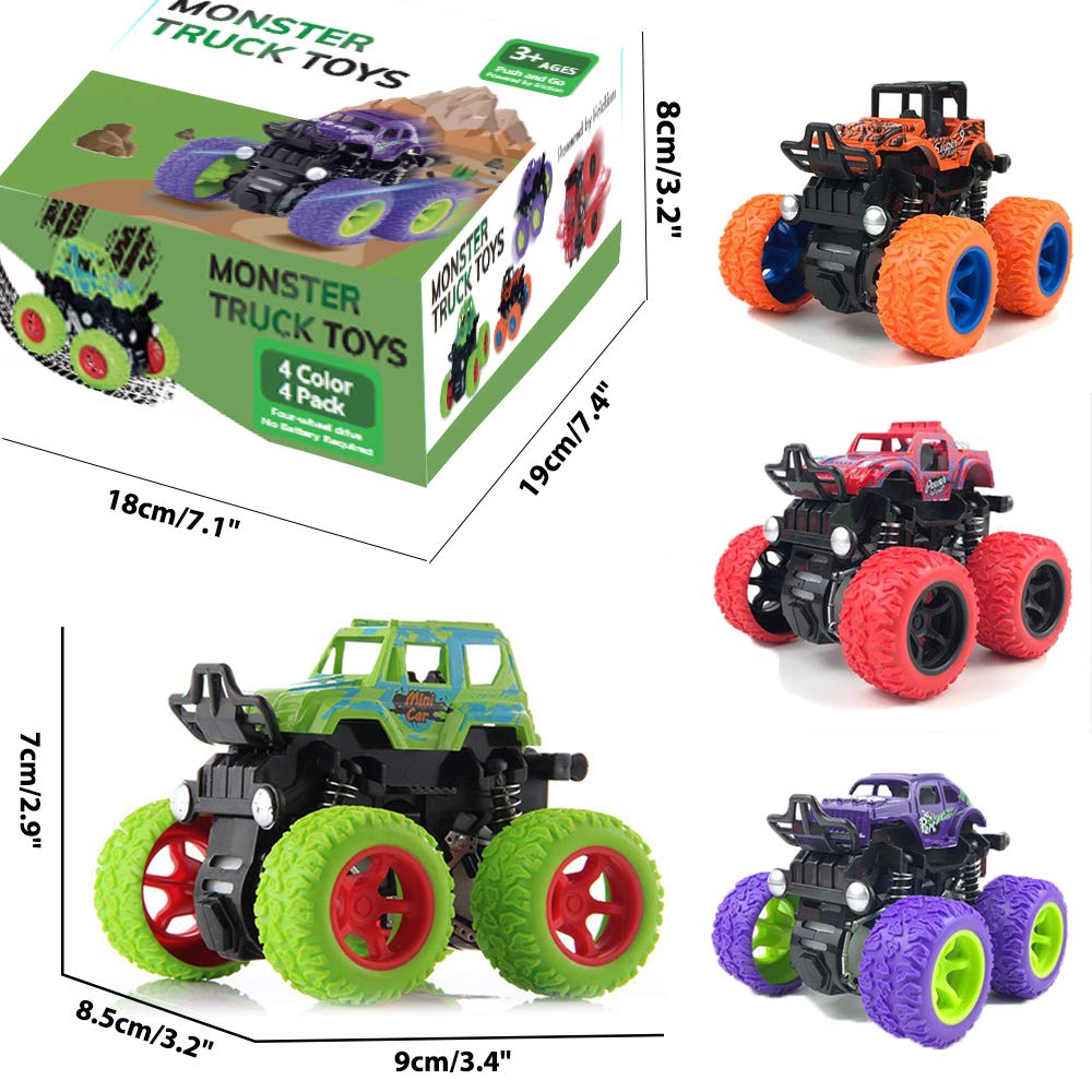 Duyfioa 4-Pack Monster Trucks for Toddlers – Friction Powered Pull Back Cars with 360° Rotation, No Batteries Needed, Ages 3-8