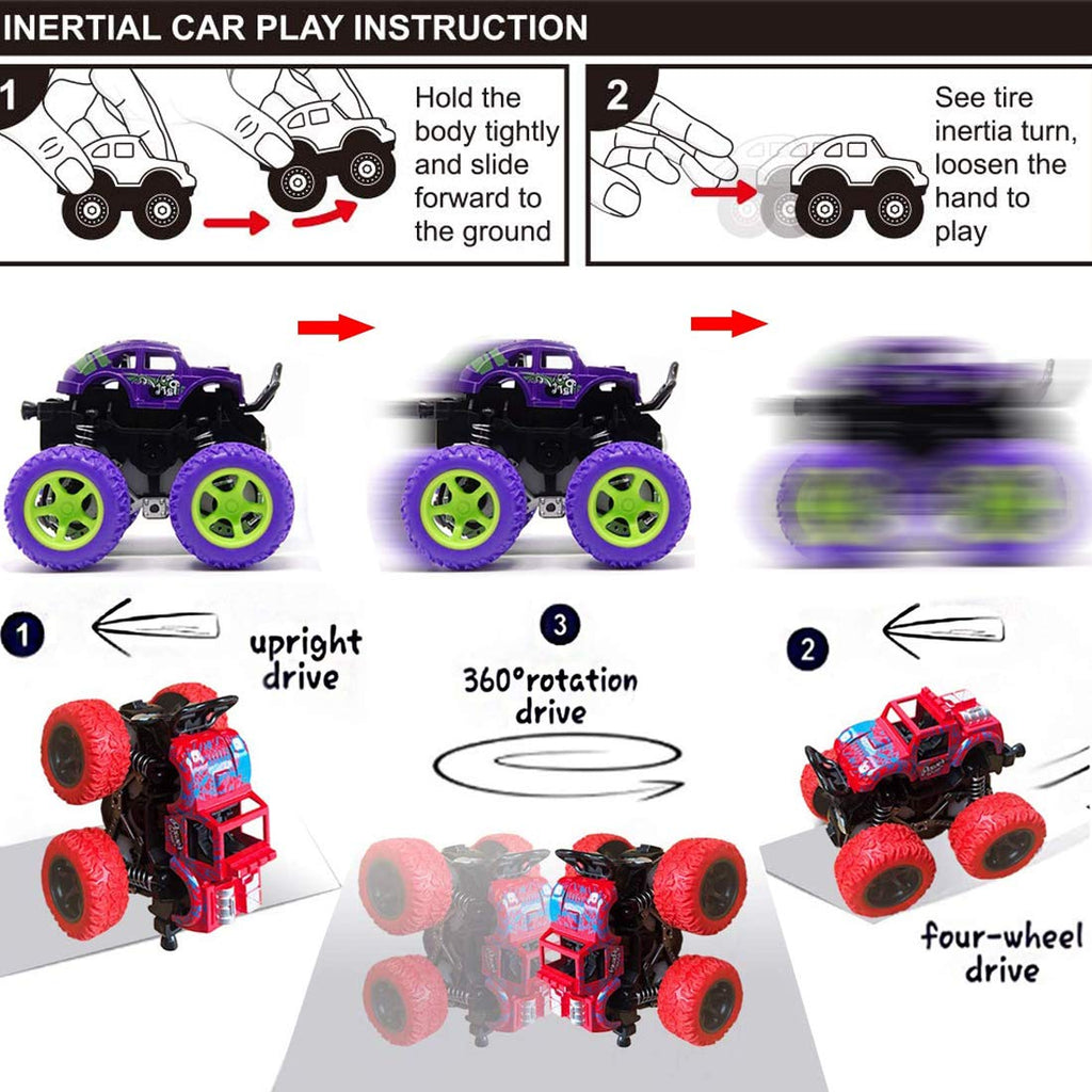 Duyfioa 4-Pack Monster Trucks for Toddlers – Friction Powered Pull Back Cars with 360° Rotation, No Batteries Needed, Ages 3-8