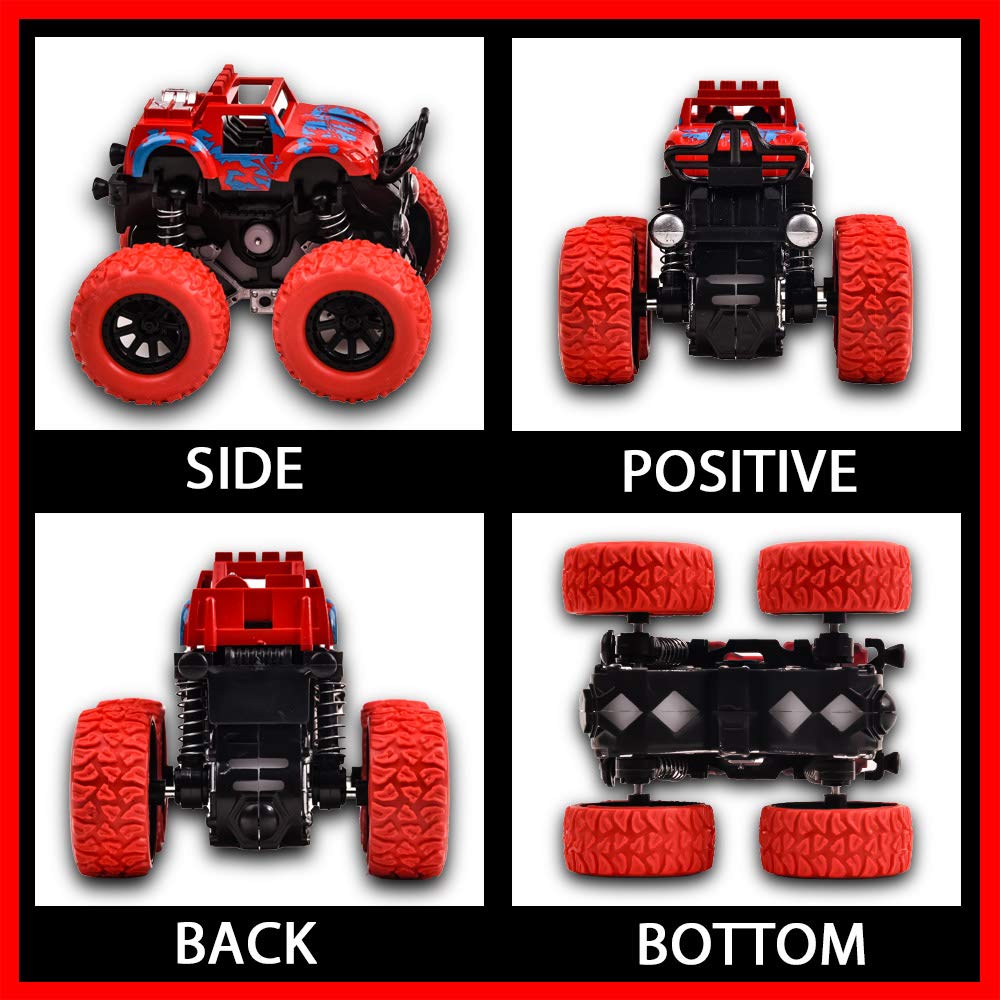 Duyfioa 4-Pack Monster Trucks for Toddlers – Friction Powered Pull Back Cars with 360° Rotation, No Batteries Needed, Ages 3-8