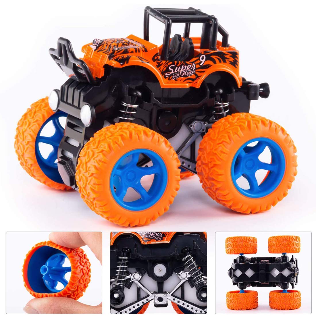 Duyfioa 4-Pack Monster Trucks for Toddlers – Friction Powered Pull Back Cars with 360° Rotation, No Batteries Needed, Ages 3-8