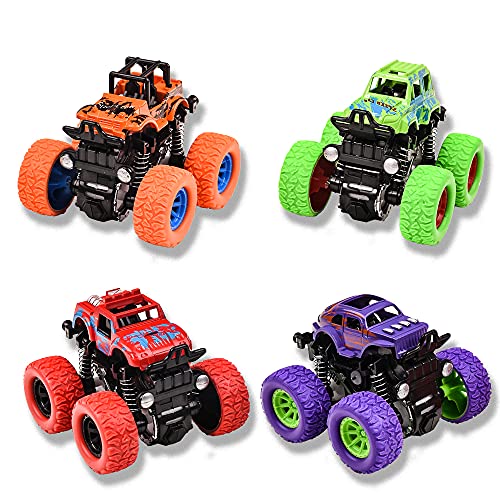 Duyfioa 4-Pack Monster Trucks for Toddlers – Friction Powered Pull Back Cars with 360° Rotation, No Batteries Needed, Ages 3-8