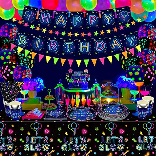 Dvaorc 238-Piece Neon Party Supplies Set – Glow Tableware, Balloons, Banner, Cake Toppers for Blacklight Birthday Decorations (Serves 20)
