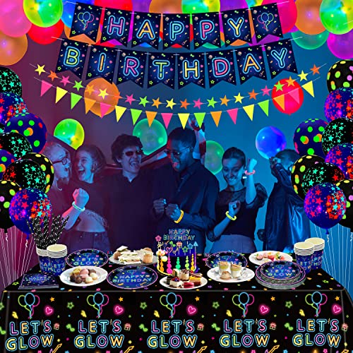 Dvaorc 238-Piece Neon Party Supplies Set – Glow Tableware, Balloons, Banner, Cake Toppers for Blacklight Birthday Decorations (Serves 20)