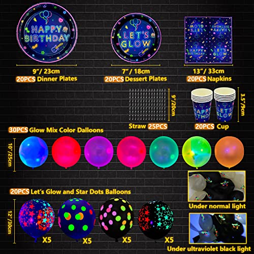 Dvaorc 238-Piece Neon Party Supplies Set – Glow Tableware, Balloons, Banner, Cake Toppers for Blacklight Birthday Decorations (Serves 20)