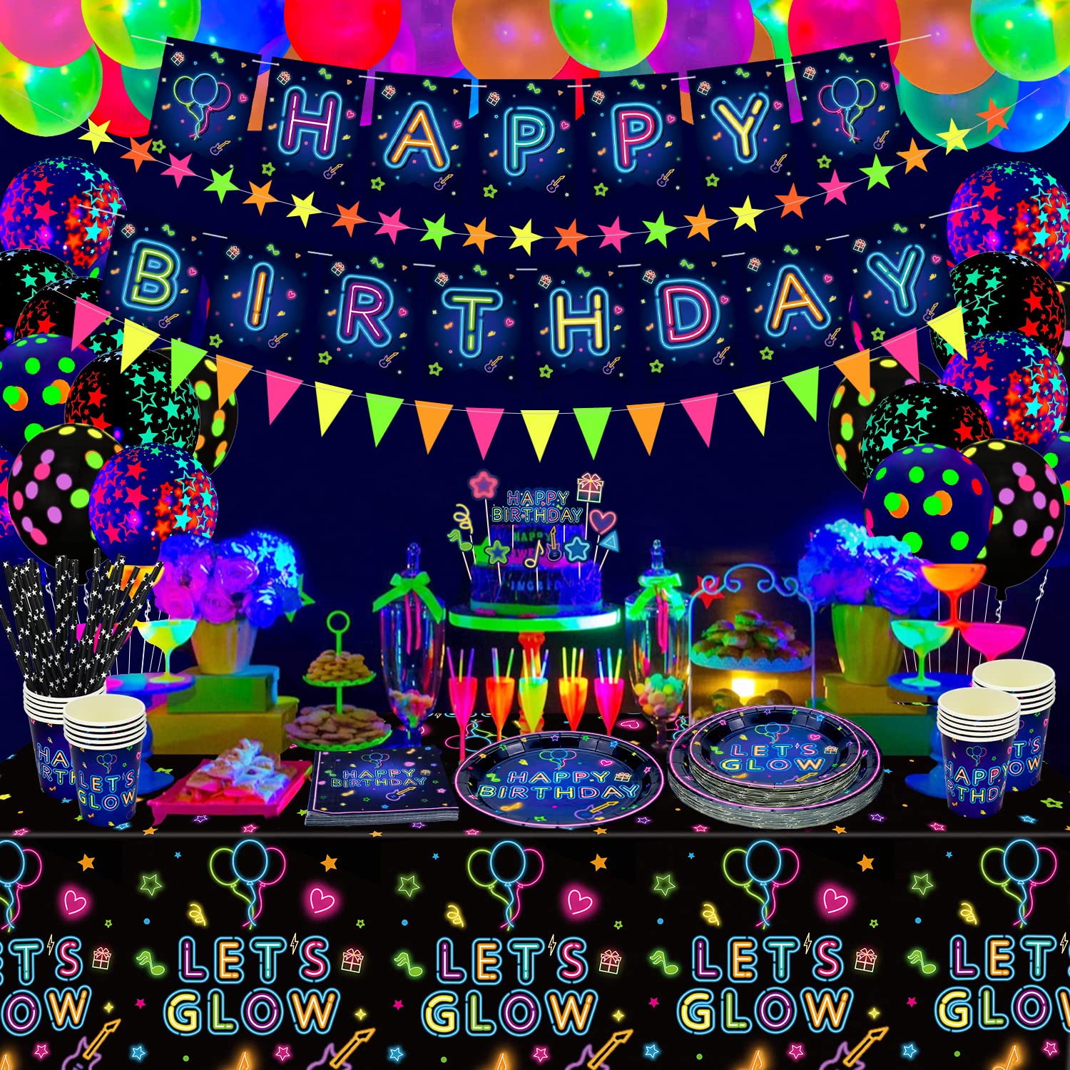 Dvaorc 238-Piece Neon Party Supplies Set – Glow Tableware, Balloons, Banner, Cake Toppers for Blacklight Birthday Decorations (Serves 20)