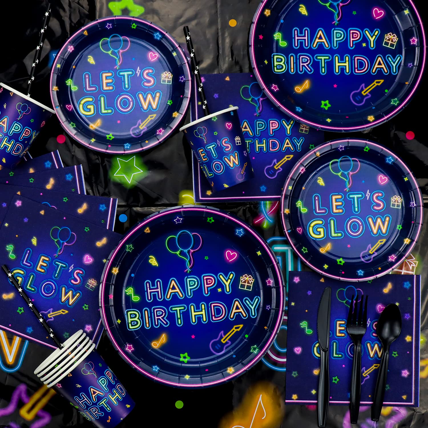Dvaorc 238-Piece Neon Party Supplies Set – Glow Tableware, Balloons, Banner, Cake Toppers for Blacklight Birthday Decorations (Serves 20)