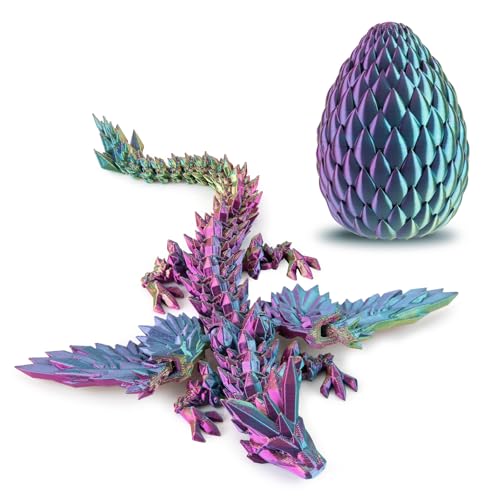 Dxldfks 3D Printed Articulated Dragon with Egg - 9 Inch Winged Dragon and 5.5 Inch Egg in Purple, Yellow, Blue Gradient