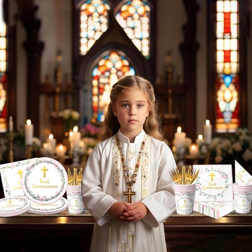 Dydamud Pink First Communion Party Supplies Set for 25 – Plates, Napkins, Cups & Cutlery with Gold Cross Floral Design