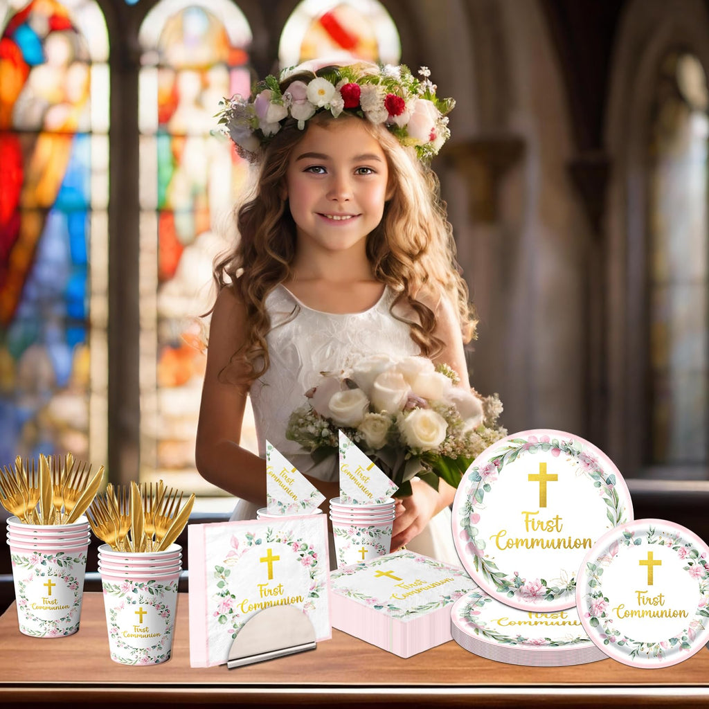 Dydamud Pink First Communion Party Supplies Set for 25 – Plates, Napkins, Cups & Cutlery with Gold Cross Floral Design