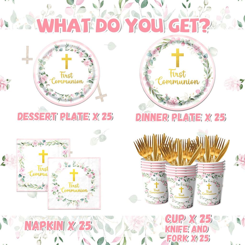 Dydamud Pink First Communion Party Supplies Set for 25 – Plates, Napkins, Cups & Cutlery with Gold Cross Floral Design