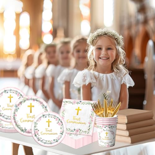 Dydamud Pink First Communion Party Supplies Set for 25 – Plates, Napkins, Cups & Cutlery with Gold Cross Floral Design