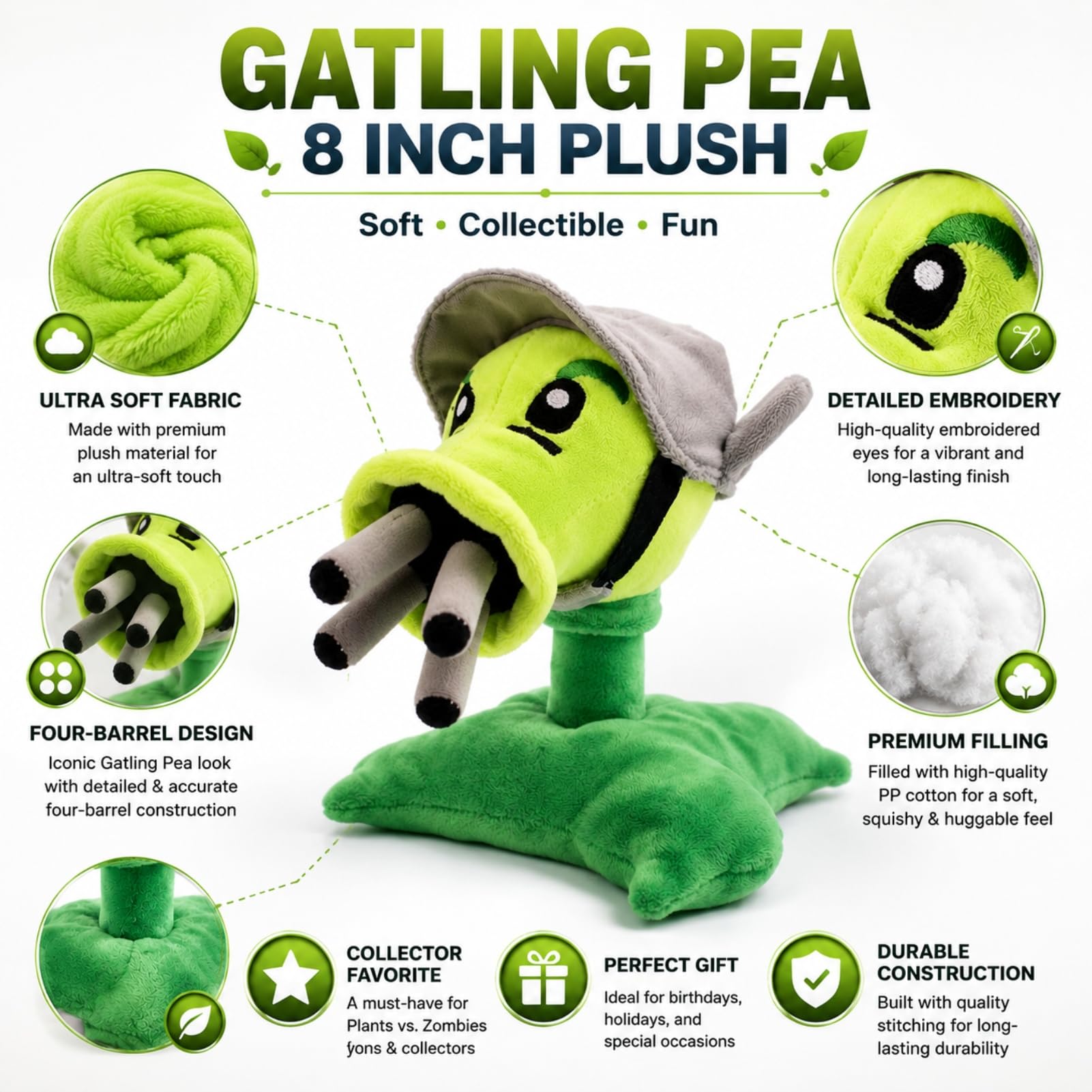 Dyharnsty Gatling Pea Plush - 8 Inch Plants vs Zombies Soft Toy