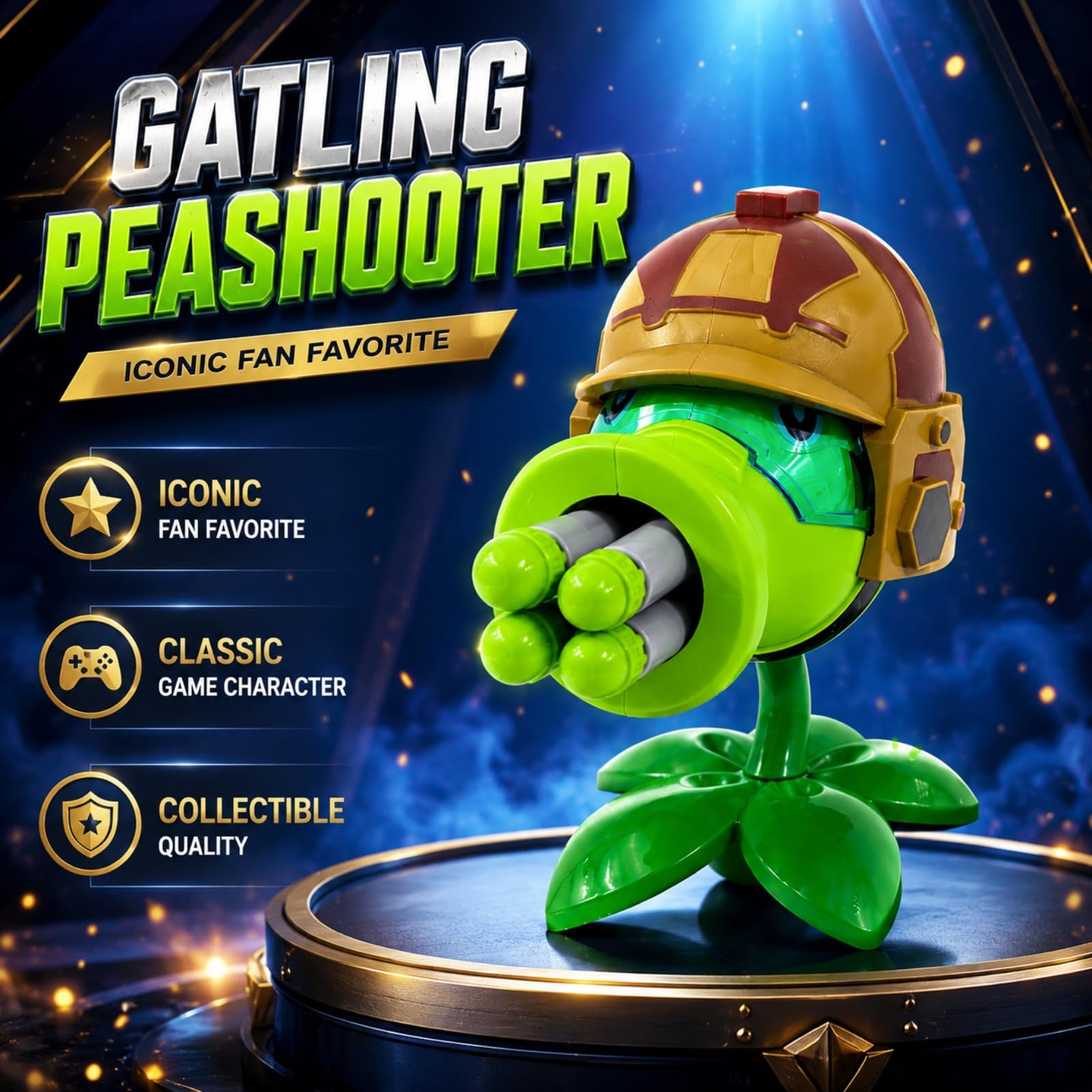 Dyharnsty Gatling Peashooter Action Figure - PVZ Toy with 4 Launchers, Eco-Friendly PVC, Water Resistant