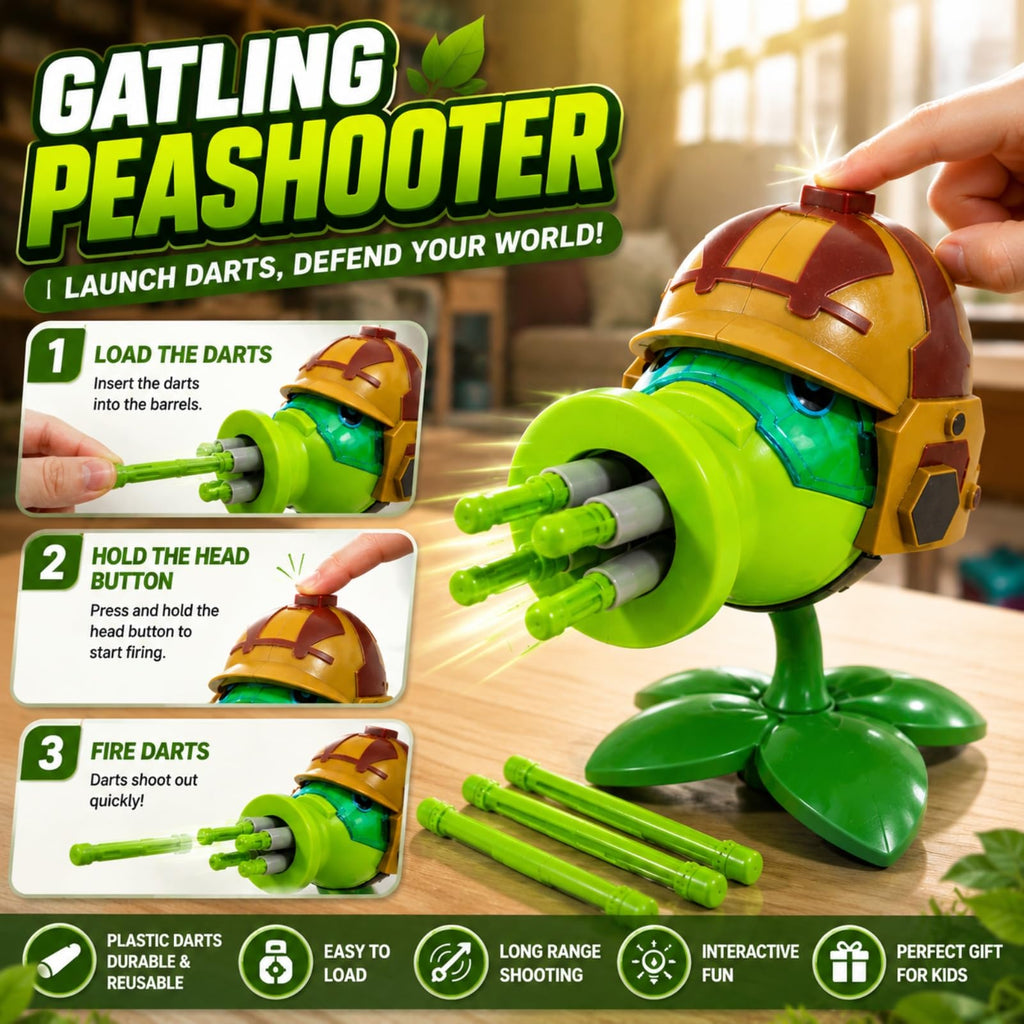 Dyharnsty Gatling Peashooter Action Figure - PVZ Toy with 4 Launchers, Eco-Friendly PVC, Water Resistant