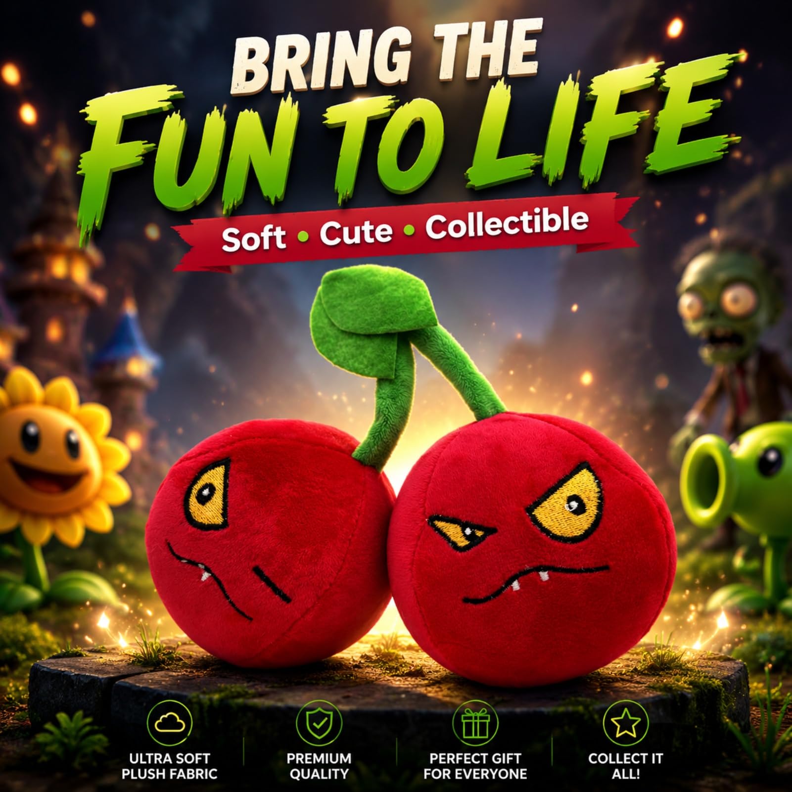 Dyharnsty Plants vs Zombies Cherry Bomb Plush Toy – 8-Inch Soft PVZ Figure with PP Cotton Fill