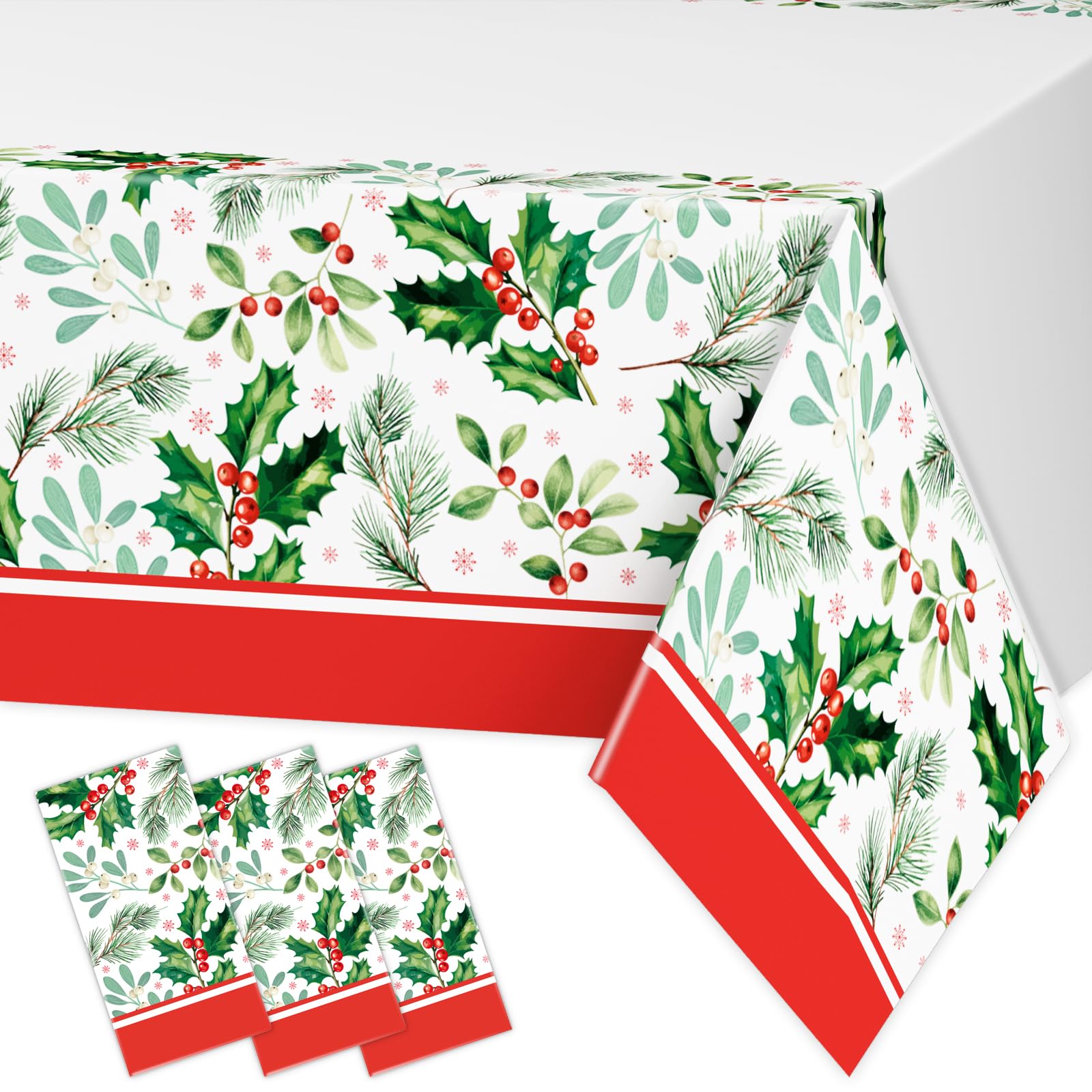 DYLIVeS 3-Pack Disposable Tablecloths - Holly Berry Plastic Covers for Christmas, Rectangular 54x108 Inch
