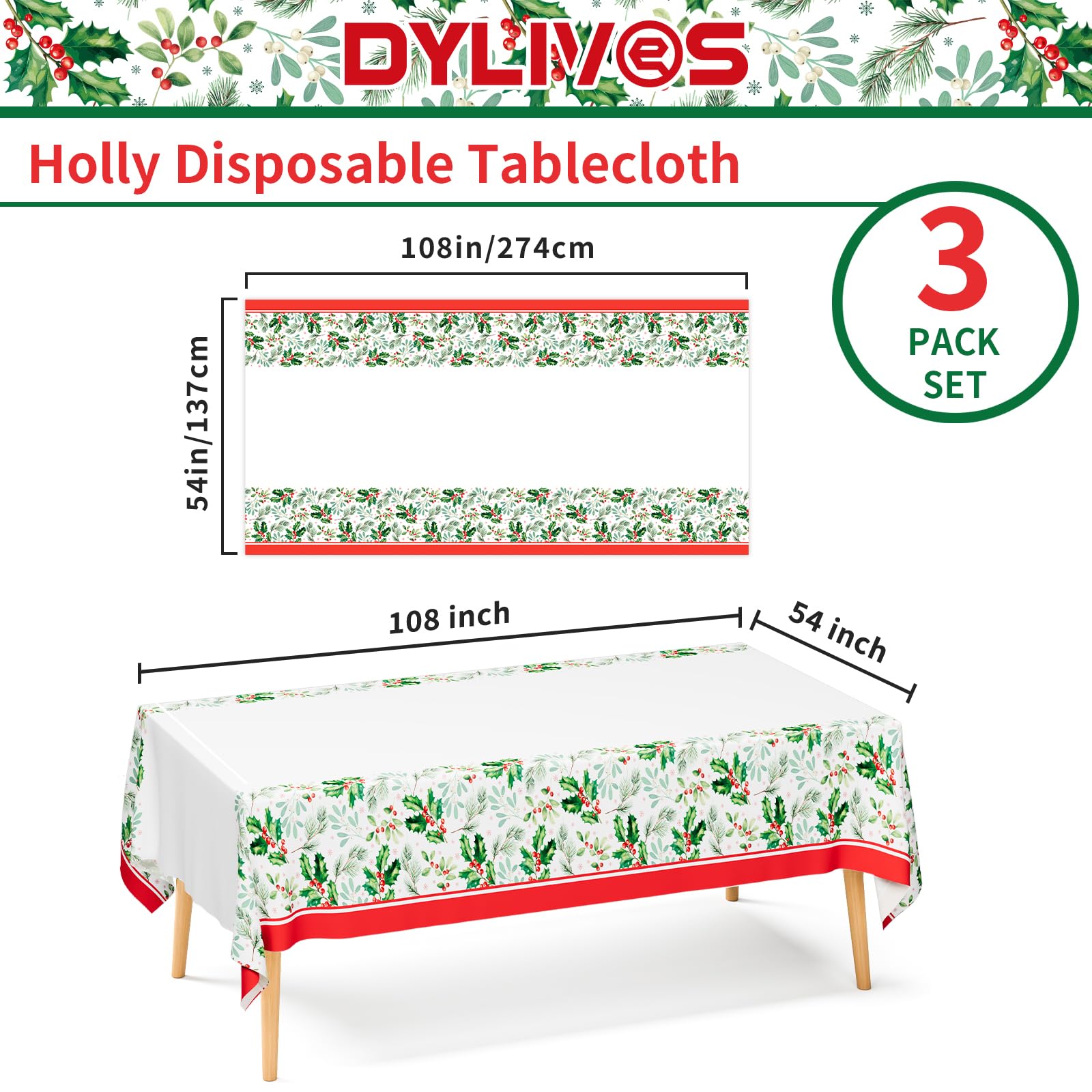 DYLIVeS 3-Pack Disposable Tablecloths - Holly Berry Plastic Covers for Christmas, Rectangular 54x108 Inch