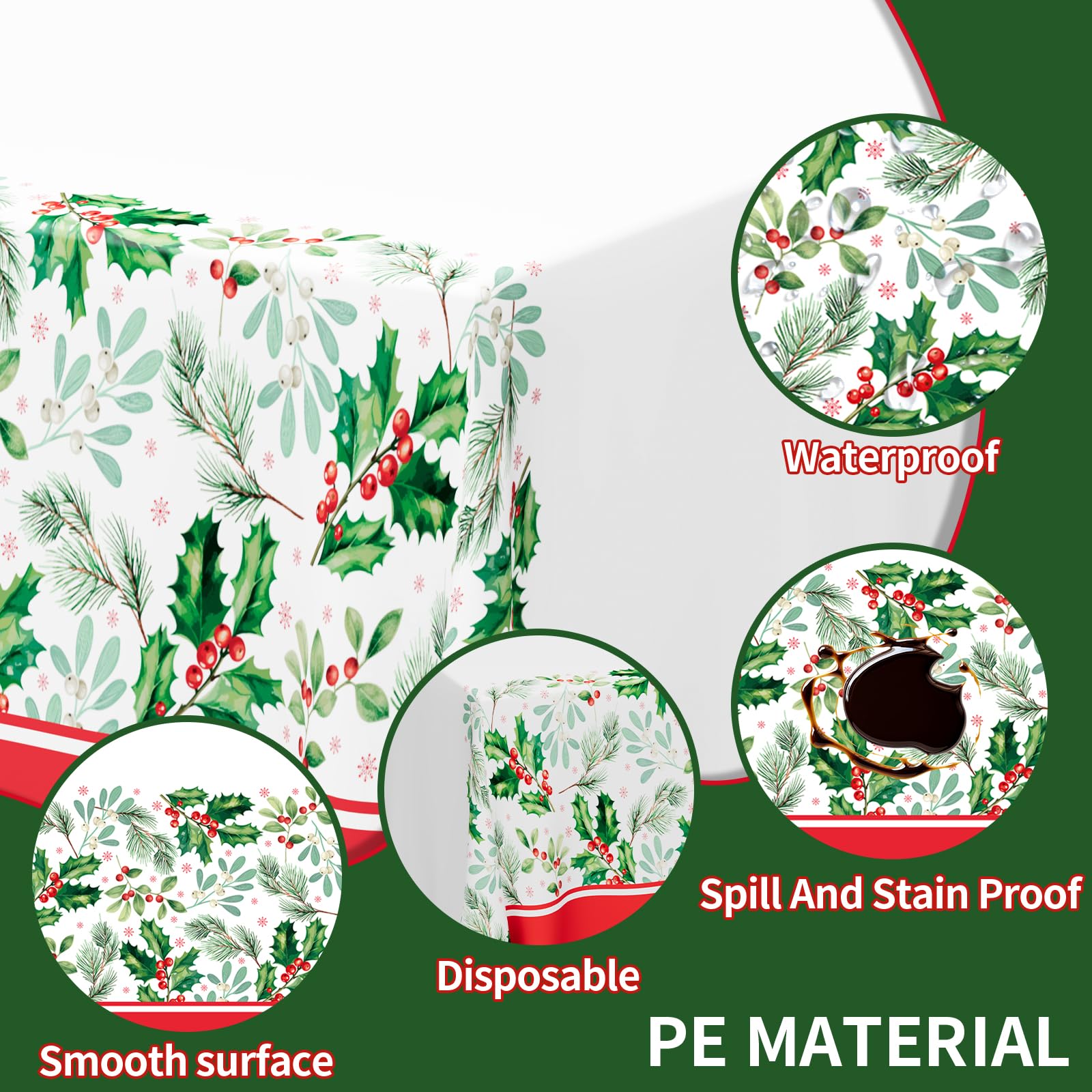 DYLIVeS 3-Pack Disposable Tablecloths - Holly Berry Plastic Covers for Christmas, Rectangular 54x108 Inch