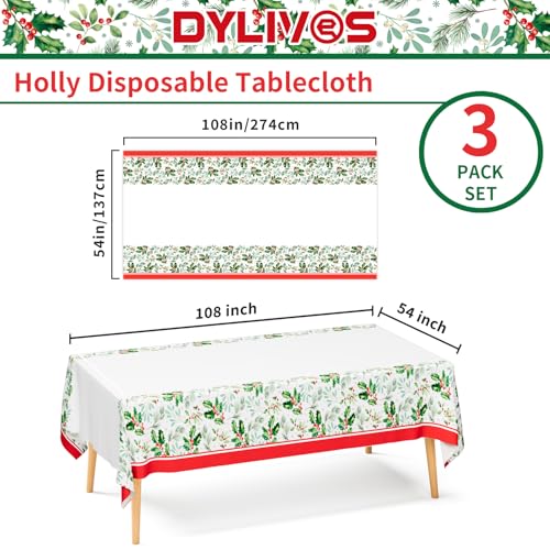 DYLIVeS 3-Pack Disposable Tablecloths - Holly Berry Plastic Covers for Christmas, Rectangular 54x108 Inch