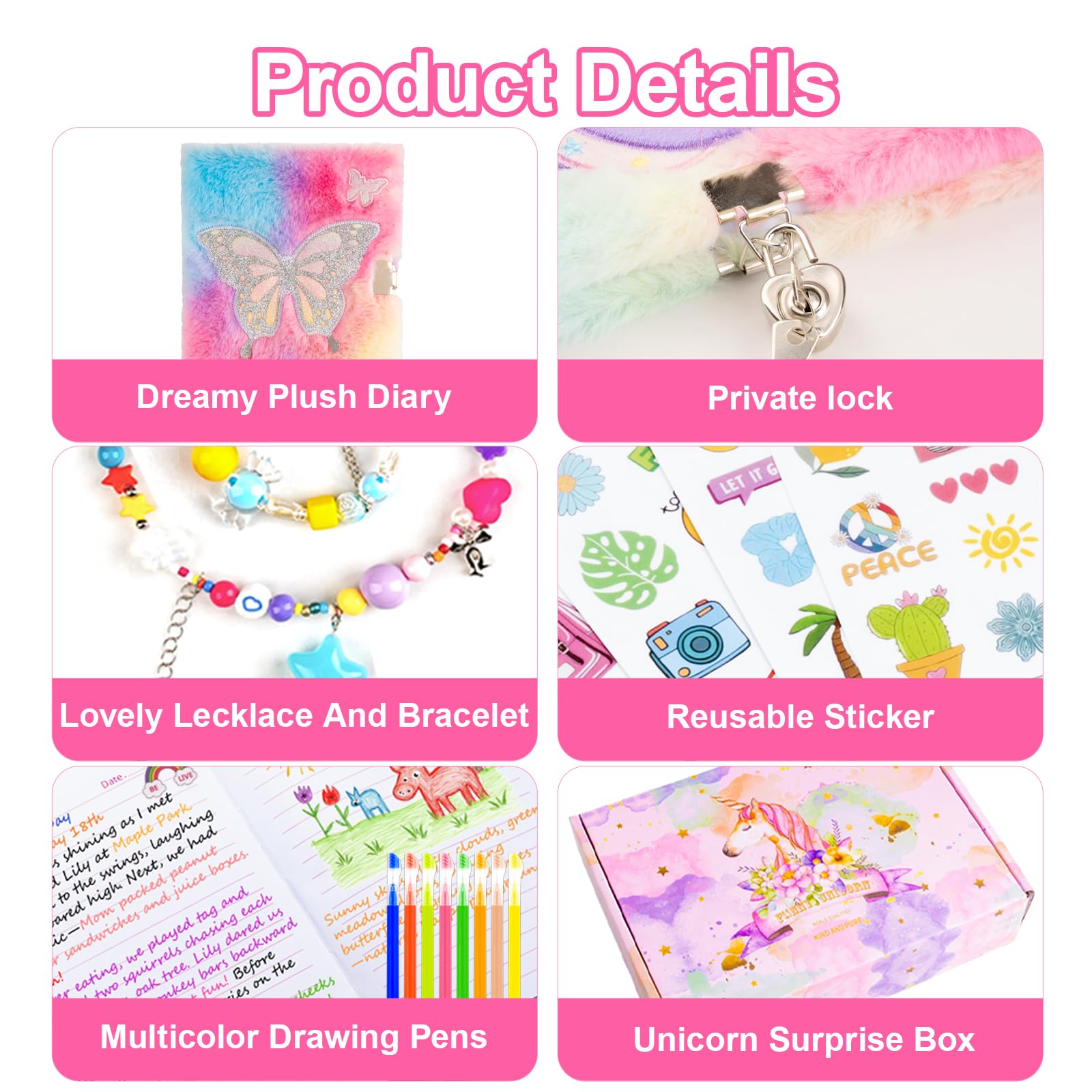 EABUY Diary for Girls with Lock and Keys – Plush Butterfly Notebook, A5, 160 Pages, Gift Set with Pens and Stickers (Pink Butterfly)