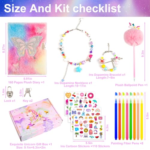 EABUY Diary for Girls with Lock and Keys – Plush Butterfly Notebook, A5, 160 Pages, Gift Set with Pens and Stickers (Pink Butterfly)