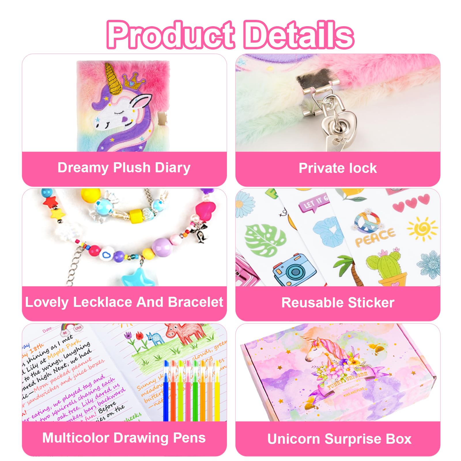 EABUY Pink Unicorn Diary for Girls with Lock and Keys - A5 Journal Set with Pens, Stickers & More
