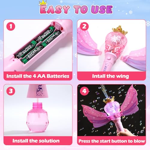 EagleStone Princess Bubble Wand with LED Lights & Music – Includes 4 Bubble Solutions, Outdoor Toy Gift for Girls Ages 3-8