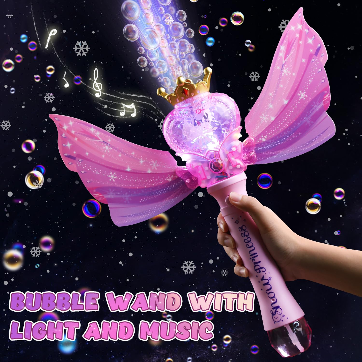 EagleStone Princess Bubble Wand with LED Lights & Music – Includes 4 Bubble Solutions, Outdoor Toy Gift for Girls Ages 3-8