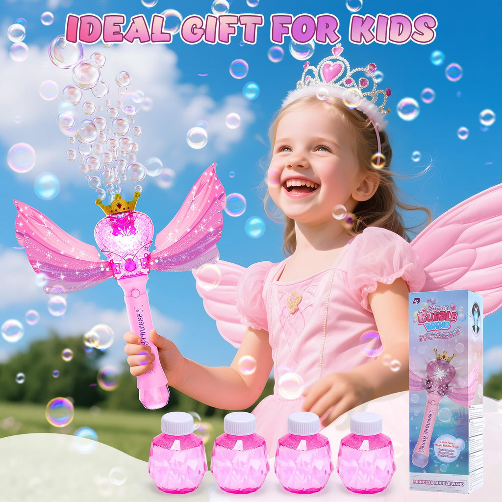 EagleStone Princess Bubble Wand with LED Lights & Music – Includes 4 Bubble Solutions, Outdoor Toy Gift for Girls Ages 3-8