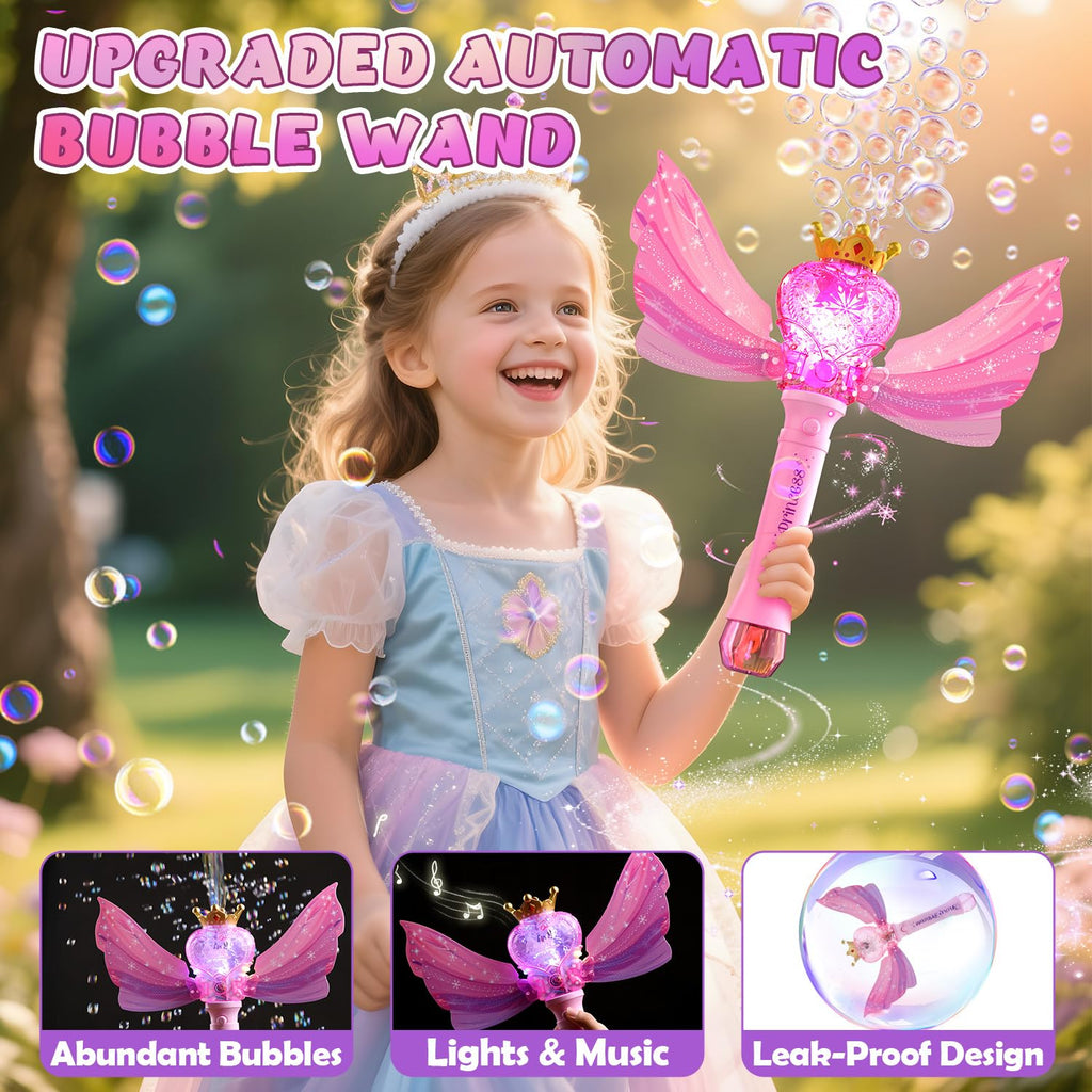 EagleStone Princess Bubble Wand with LED Lights & Music – Includes 4 Bubble Solutions, Outdoor Toy Gift for Girls Ages 3-8