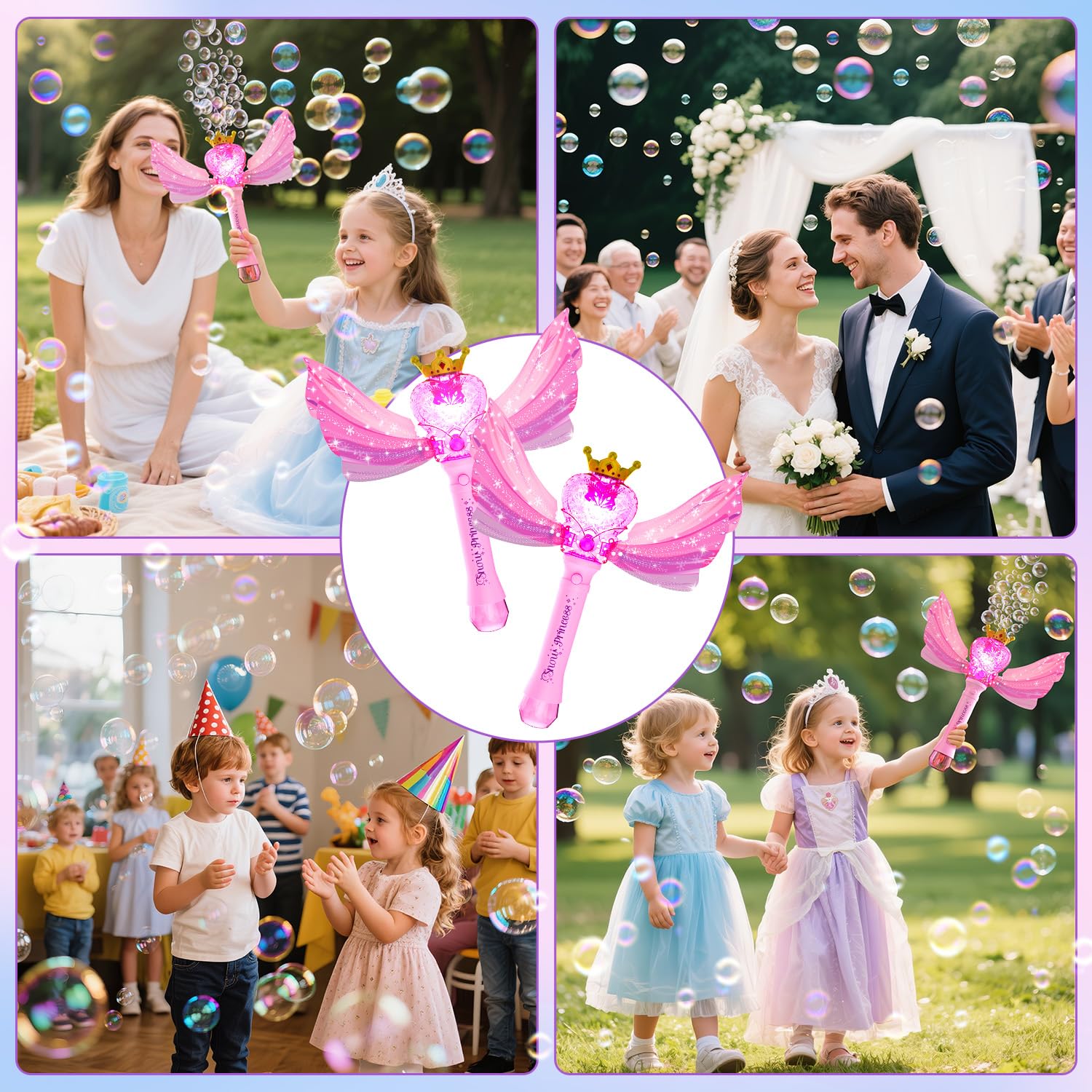 EagleStone Princess Bubble Wand with LED Lights & Music – Includes 4 Bubble Solutions, Outdoor Toy Gift for Girls Ages 3-8