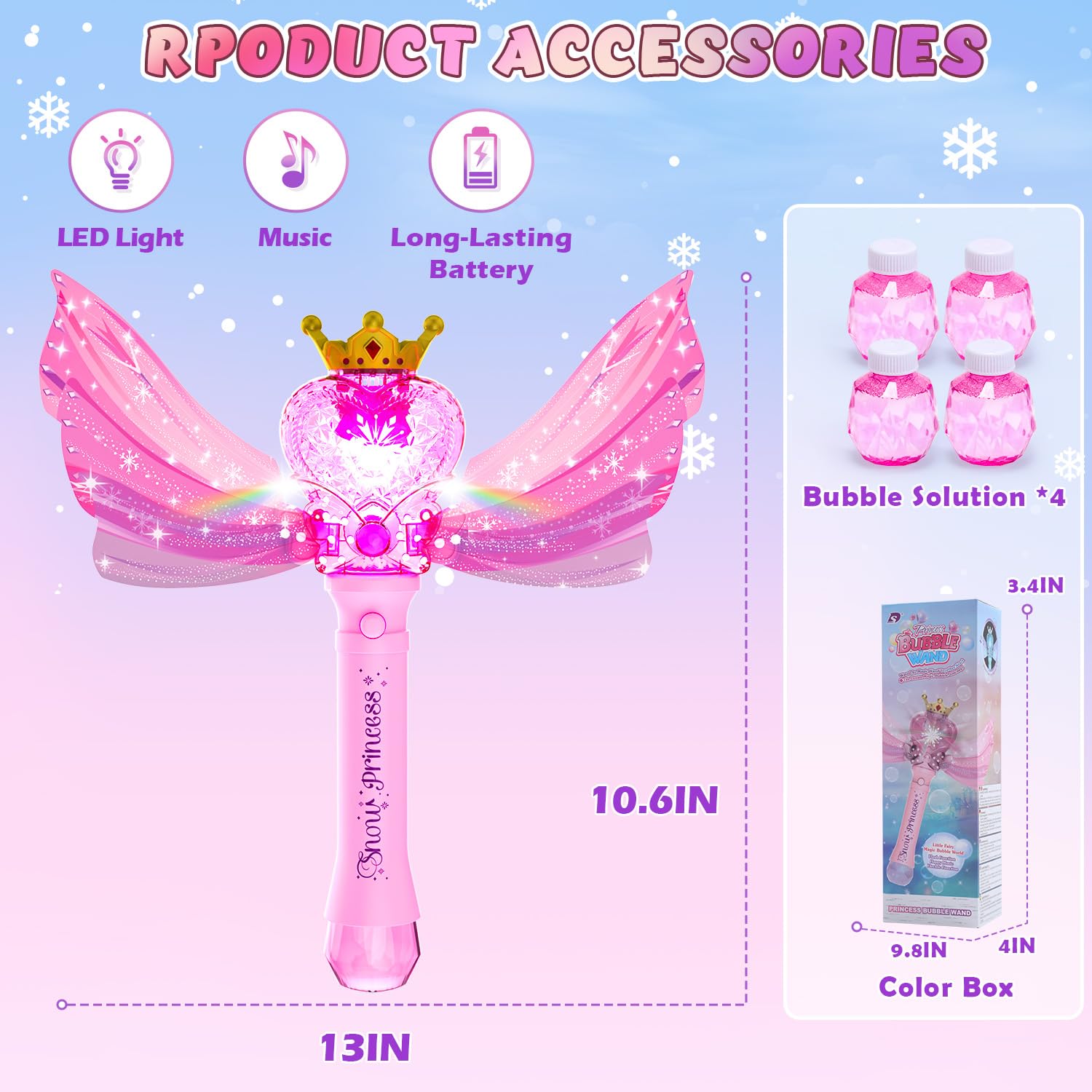 EagleStone Princess Bubble Wand with LED Lights & Music – Includes 4 Bubble Solutions, Outdoor Toy Gift for Girls Ages 3-8