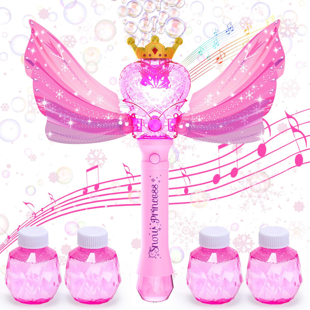 EagleStone Princess Bubble Wand with LED Lights & Music – Includes 4 Bubble Solutions, Outdoor Toy Gift for Girls Ages 3-8