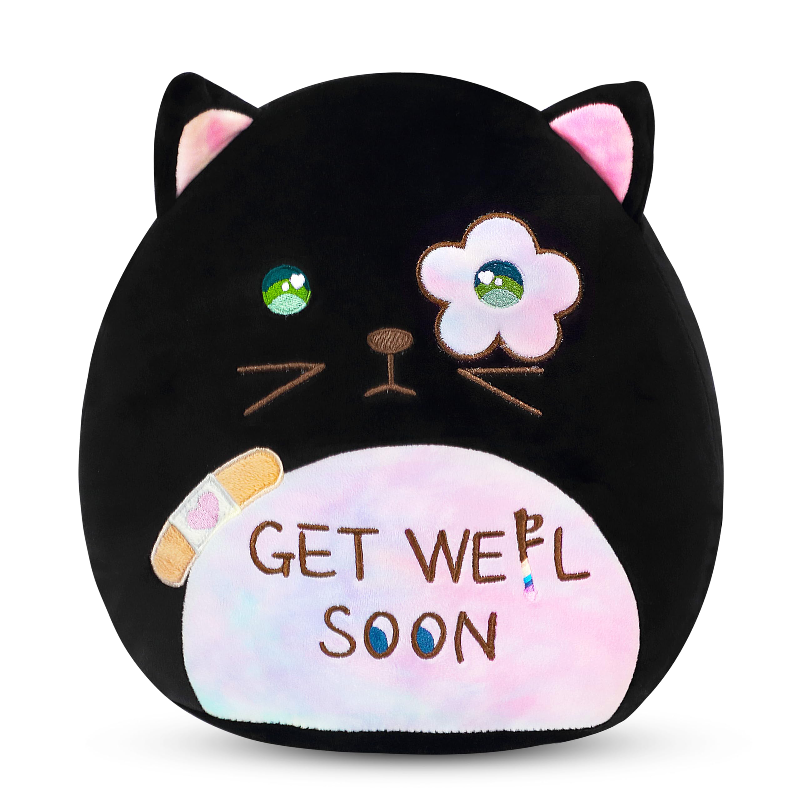 Easfan 12-Inch Get Well Soon Plush Cat Pillow – Soft Black Kitty with Rainbow Belly for Patients