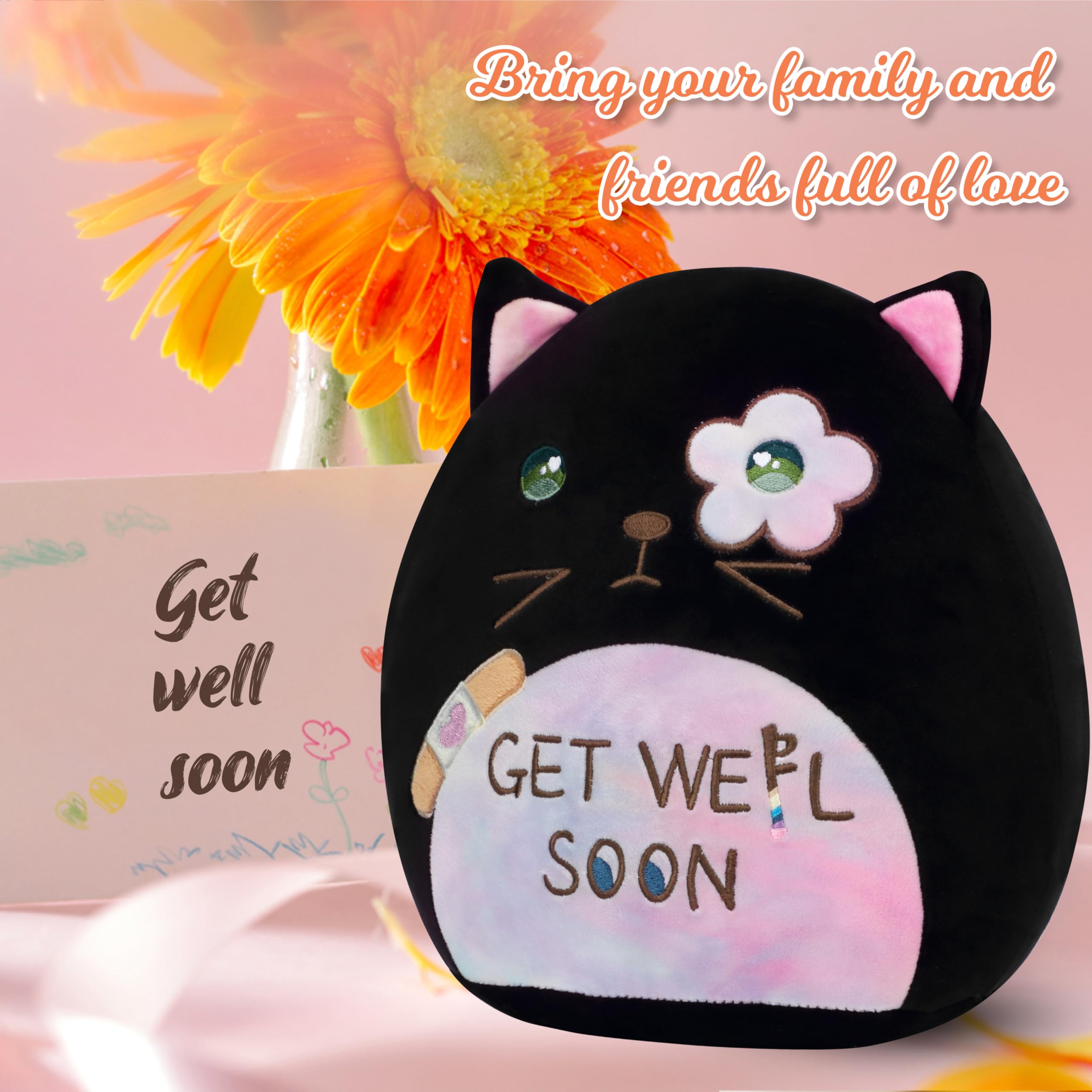 Easfan 12-Inch Get Well Soon Plush Cat Pillow – Soft Black Kitty with Rainbow Belly for Patients