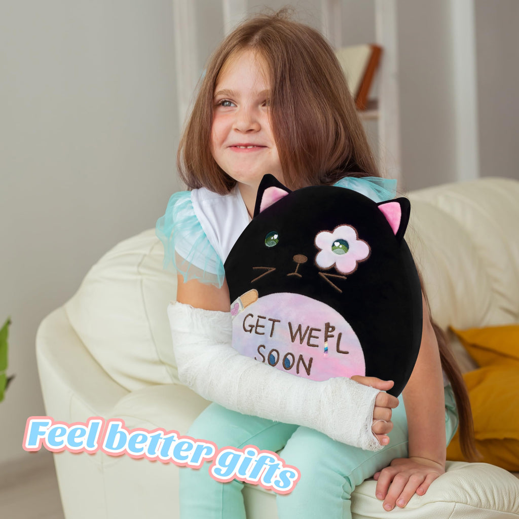Easfan 12-Inch Get Well Soon Plush Cat Pillow – Soft Black Kitty with Rainbow Belly for Patients