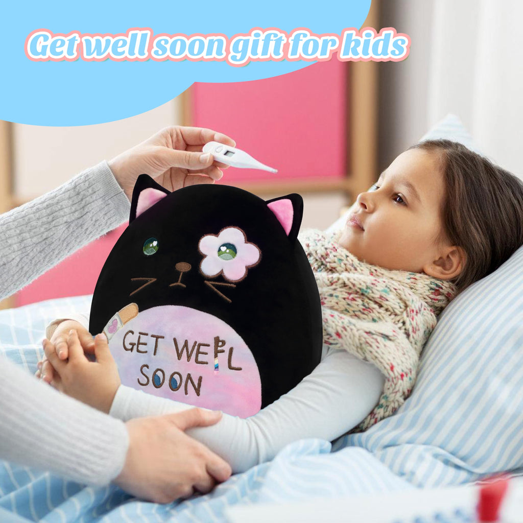 Easfan 12-Inch Get Well Soon Plush Cat Pillow – Soft Black Kitty with Rainbow Belly for Patients