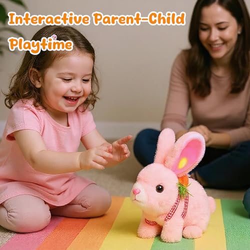 Easfan Walking Pink Rabbit Interactive Electronic Pet Plush Bunny Toy – 7-Inch Hopping Bunny with Sounds for Kids