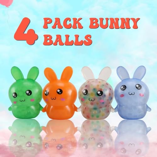 Easter Bunny Stress Balls - 4 Pack Squishy Fidget Toys for Easter Baskets, Stress Relief, Party Favors