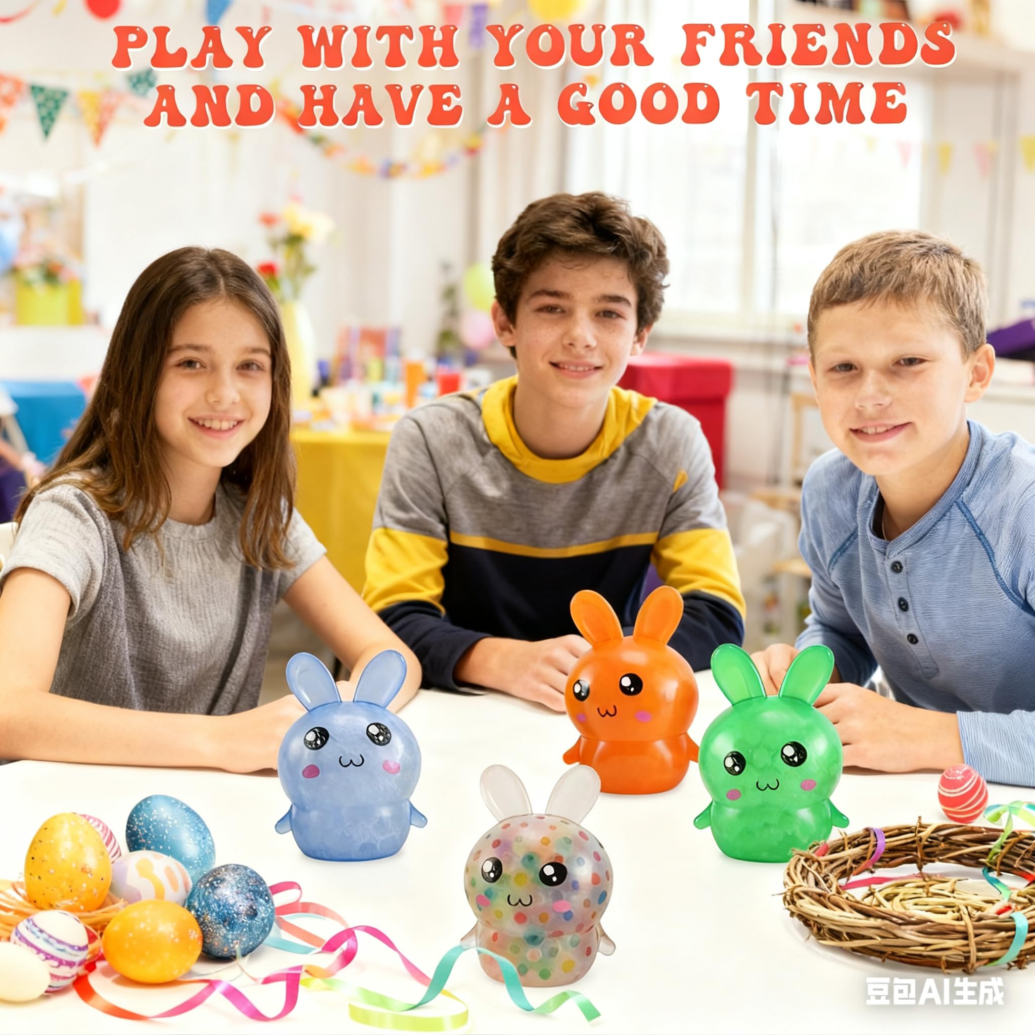 Easter Bunny Stress Balls - 4 Pack Squishy Fidget Toys for Easter Baskets, Stress Relief, Party Favors