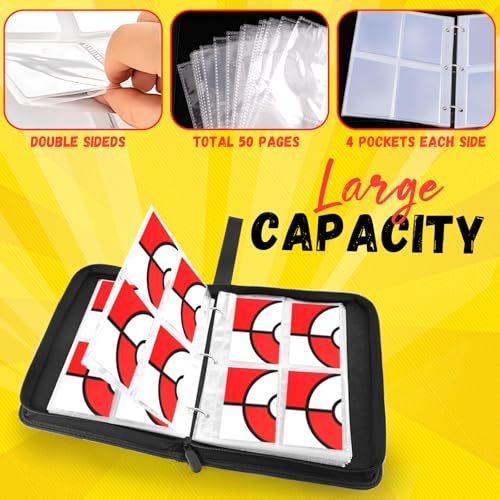 EASYFUN 4-Pocket Card Binder - Holds Up to 400 Cards, PU Waterproof, Red, with Removable Sleeves and Wrist Strap