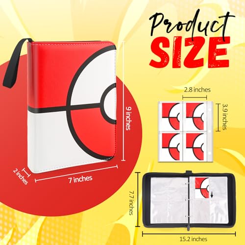 EASYFUN 4-Pocket Card Binder - Holds Up to 400 Cards, PU Waterproof, Red, with Removable Sleeves and Wrist Strap