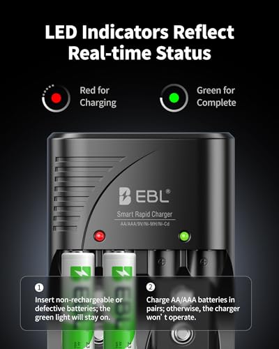 EBL 4-Bay Battery Charger with 4 Pre-Charged AA 2800mAh NiMH Batteries - Compact and Intelligent