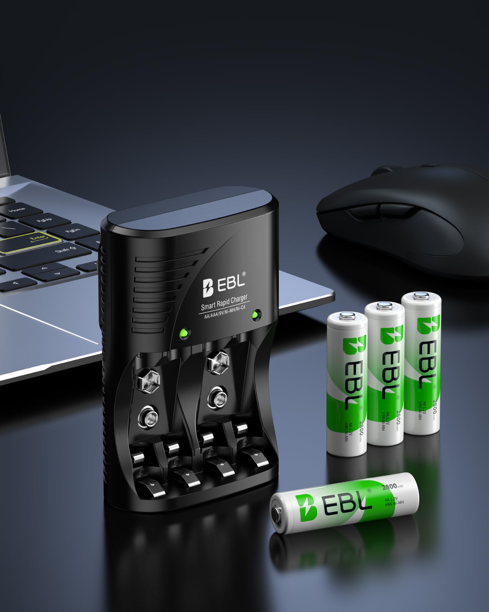 EBL 4-Bay Battery Charger with 4 Pre-Charged AA 2800mAh NiMH Batteries - Compact and Intelligent